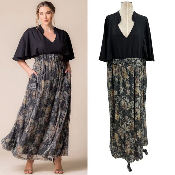 Kiyonna Avisa Dress Maxi A-Line Evening Gown Gilded Floral Black Silver Plus 4X - Picture 1 of 15
